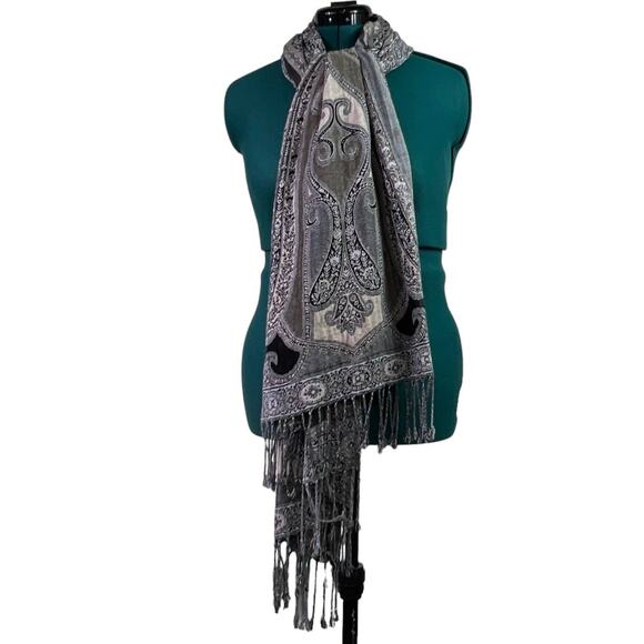 Oversized Paisley Tapestry Scarf Swirl Black White Gray 77" X 20" - Picture 5 of 11